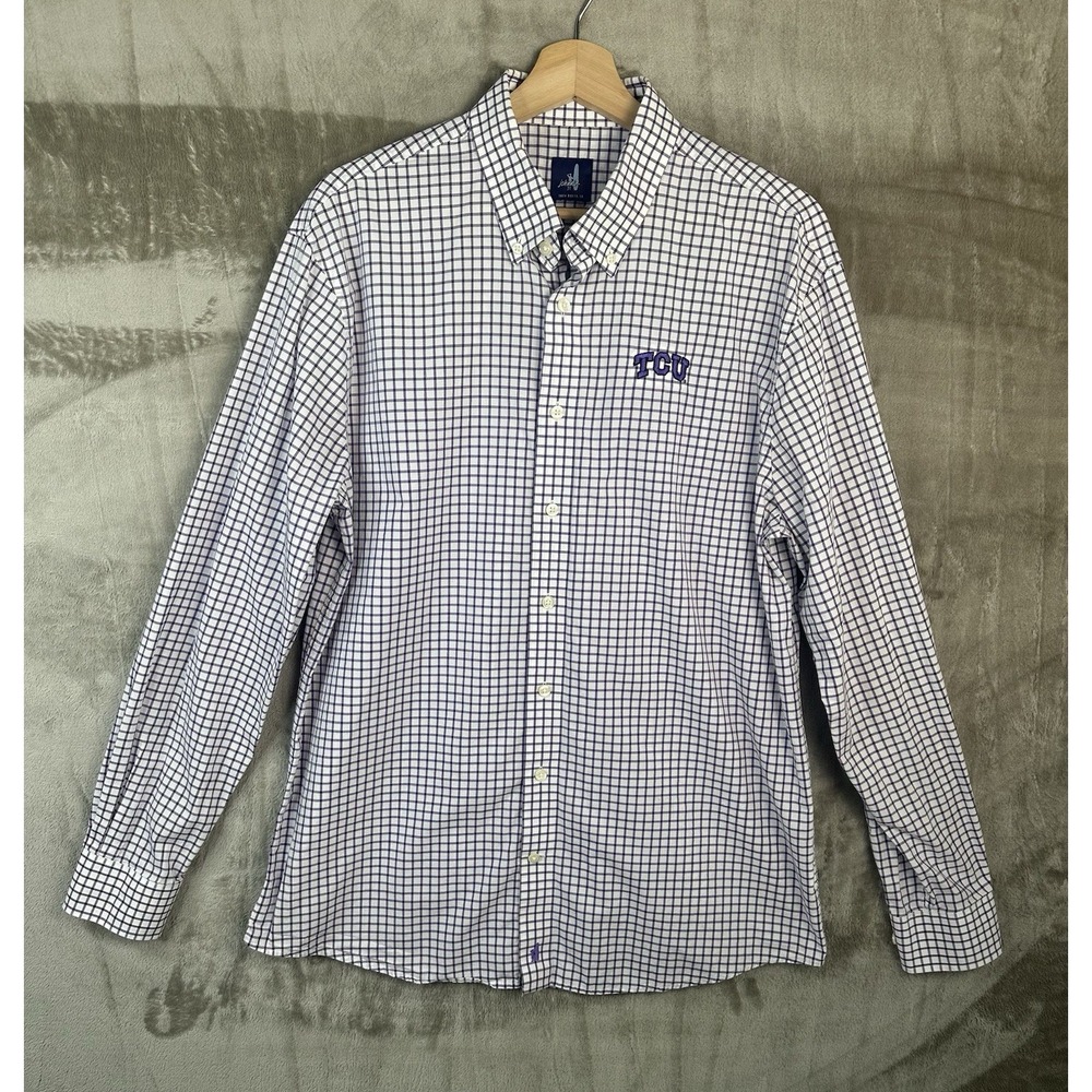johnnie-O TCU Horned Frogs Embroidered Check Button-Down Shirt Purple/White L - Picture 2 of 12